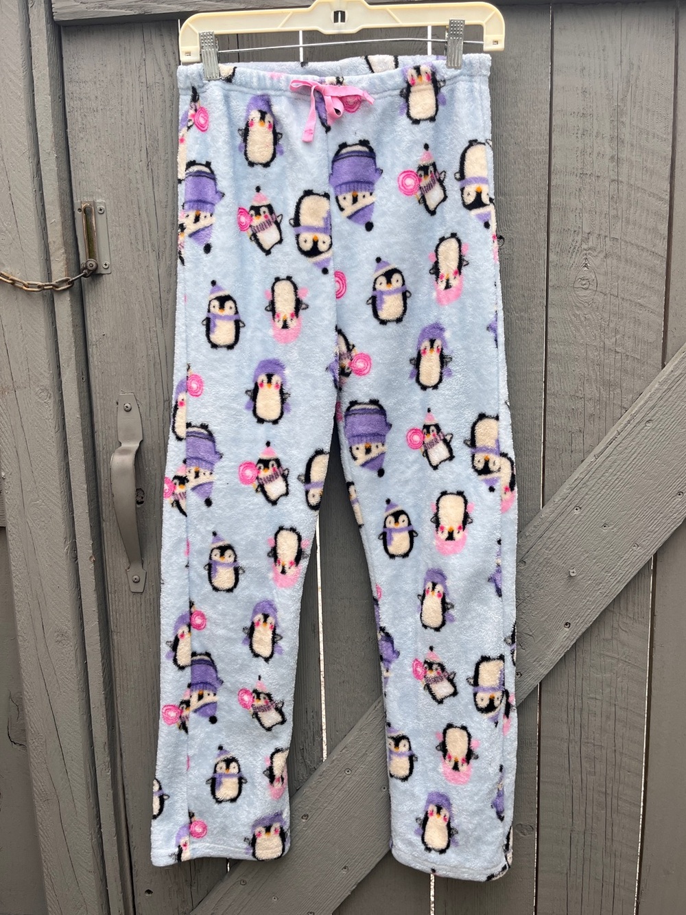 Cozy Penguin Fleece Pajama Lounge Pants Light Blue Purple Accents Size Medium